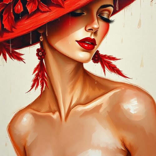 Glamorous Dancer in Red – Oil Painting Poster with Feathered Hat picture