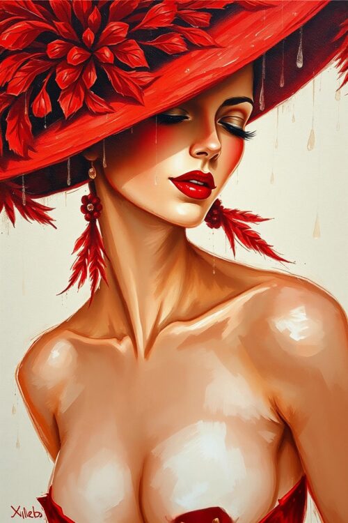 Glamorous Dancer in Red – Oil Painting Poster with Feathered Hat picture