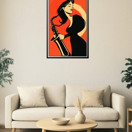 Retro Jazz Woman Poster – Bold Saxophone Player Pop Art Print picture