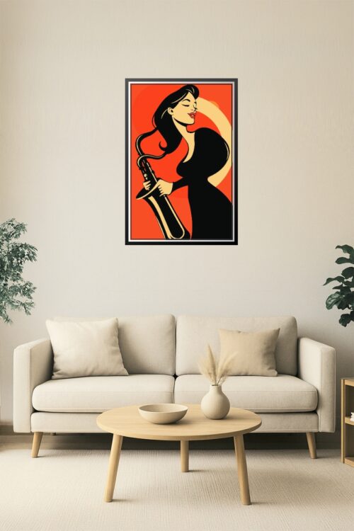 Retro Jazz Woman Poster – Bold Saxophone Player Pop Art Print picture