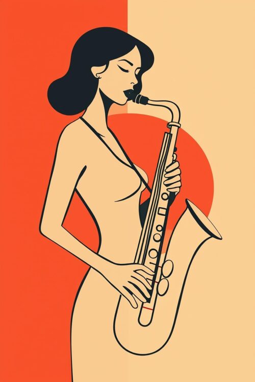 Modern Retro Saxophone Woman Poster – Minimalist Jazz Vector Art Print picture