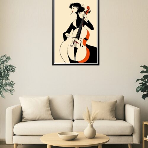 Elegant Cellist Illustration Poster – Minimalist Woman with Cello Art Print picture