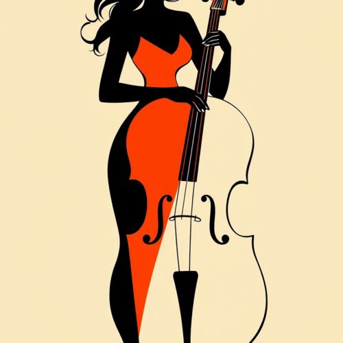 Stylish Cellist in Red Poster – Minimalist Woman with Cello Wall Art picture