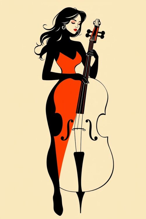 Stylish Cellist in Red Poster – Minimalist Woman with Cello Wall Art picture