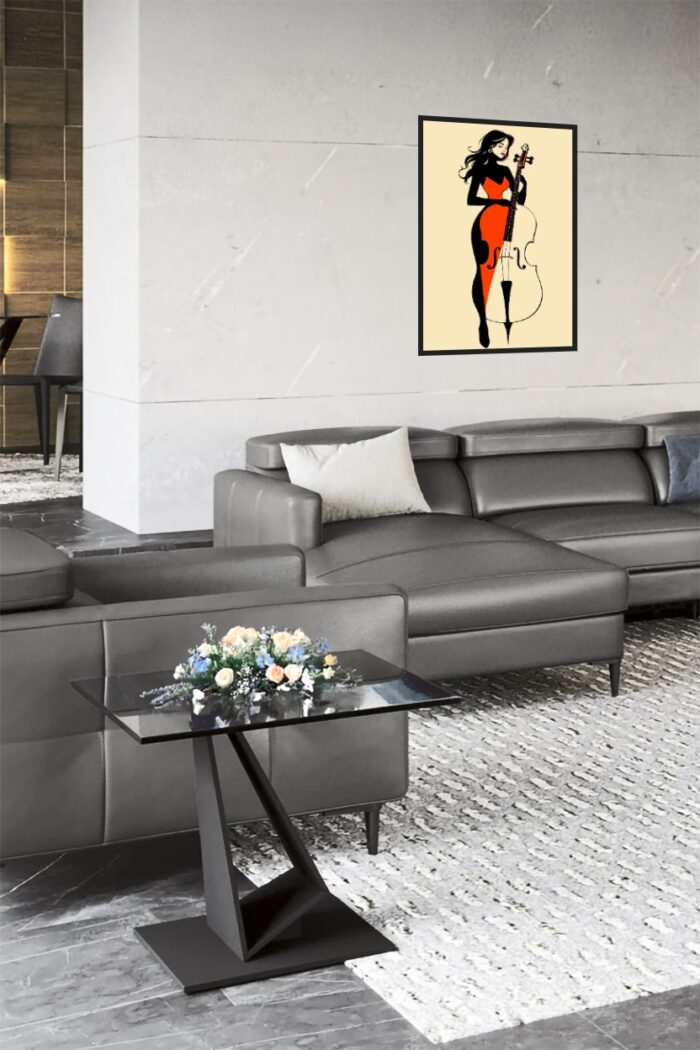Stylish Cellist in Red Poster – Minimalist Woman with Cello Wall Art picture