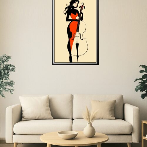 Stylish Cellist in Red Poster – Minimalist Woman with Cello Wall Art picture