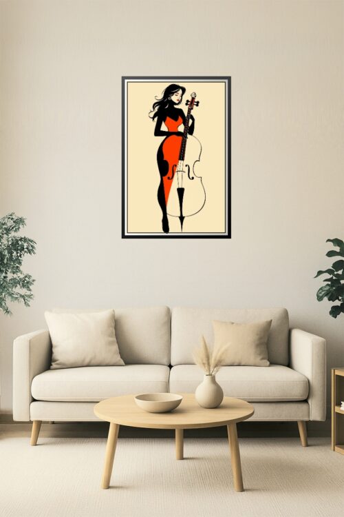 Stylish Cellist in Red Poster – Minimalist Woman with Cello Wall Art picture