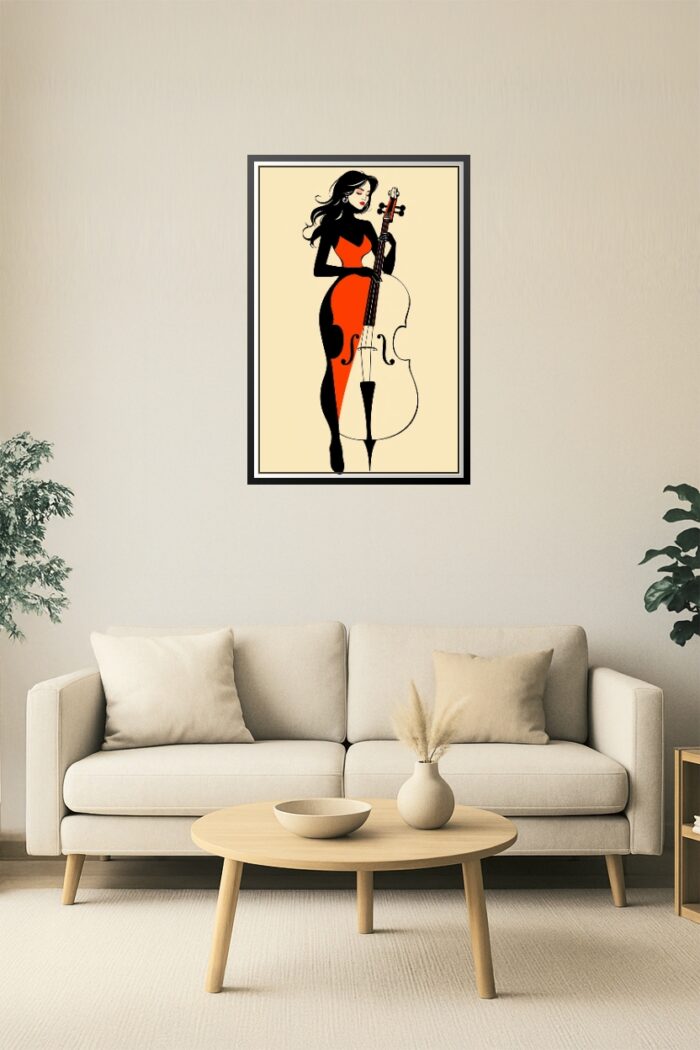 Stylish Cellist in Red Poster – Minimalist Woman with Cello Wall Art picture