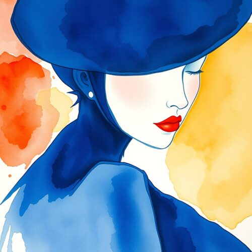 Blue Hat Elegance Watercolor Poster – Fashion Woman Portrait Art Print picture