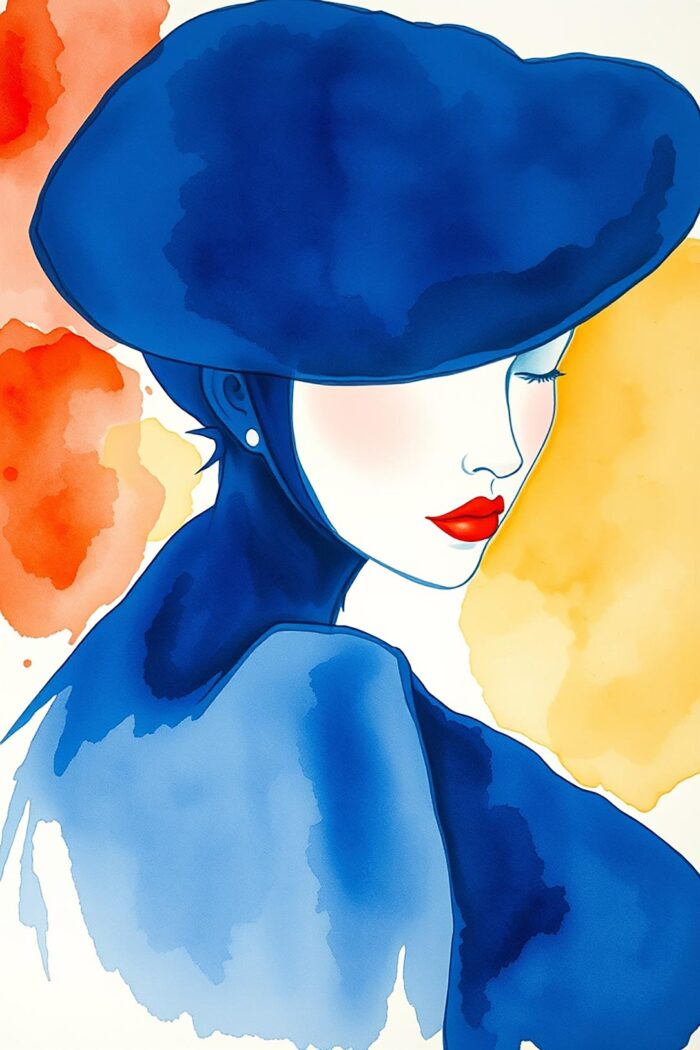 Blue Hat Elegance Watercolor Poster – Fashion Woman Portrait Art Print picture