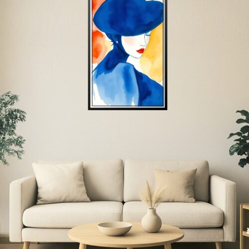 Blue Hat Elegance Watercolor Poster – Fashion Woman Portrait Art Print picture