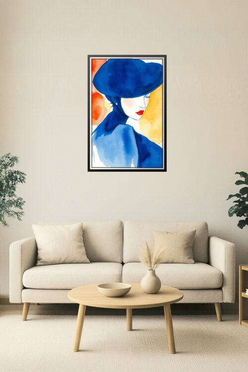 Blue Hat Elegance Watercolor Poster – Fashion Woman Portrait Art Print picture
