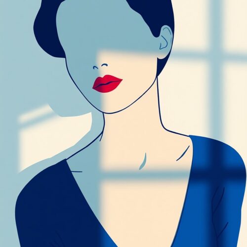 Faceless Woman with Window Shadows Poster – Minimalist Blue Portrait Art picture