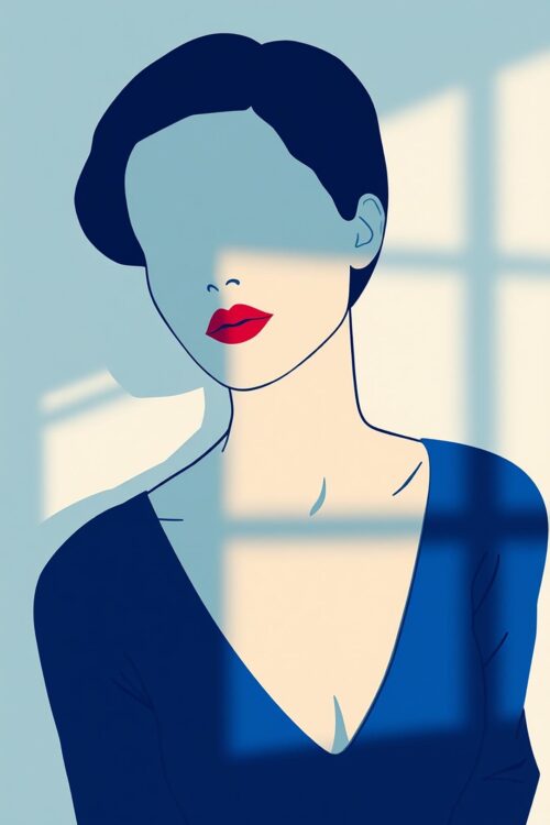 Faceless Woman with Window Shadows Poster – Minimalist Blue Portrait Art picture