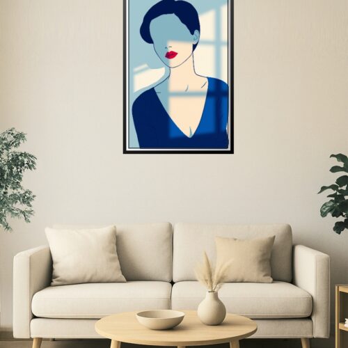 Faceless Woman with Window Shadows Poster – Minimalist Blue Portrait Art picture