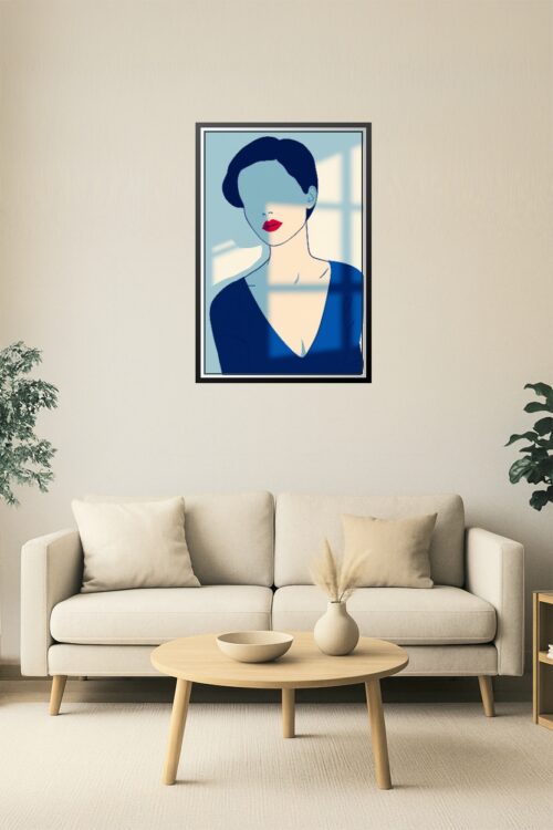 Faceless Woman with Window Shadows Poster – Minimalist Blue Portrait Art picture