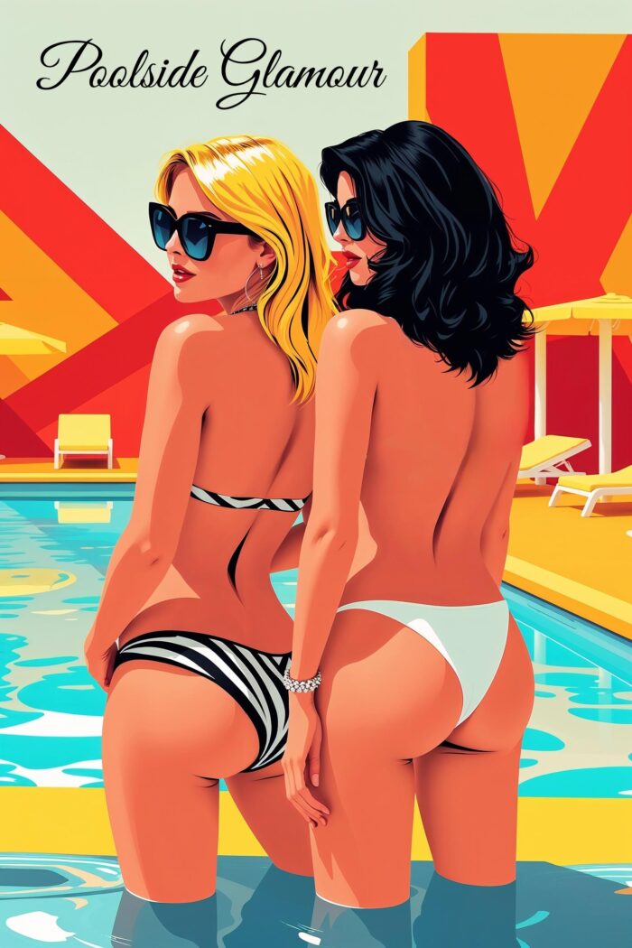 Poolside Glamour Poster – Retro Bikini Beauties Summer Art Print picture