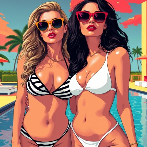 Bikini Bombshells Poolside Poster – Retro Summer Glamour Art Print picture