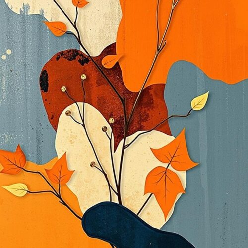 Autumn Botanical Abstract Poster – Warm Orange & Blue Leaf Art Print picture