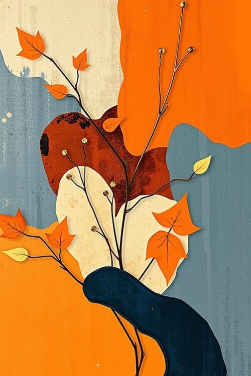 Autumn Botanical Abstract Poster – Warm Orange & Blue Leaf Art Print picture