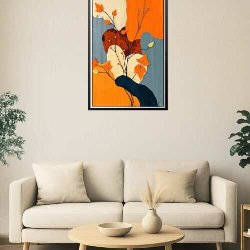 Autumn Botanical Abstract Poster – Warm Orange & Blue Leaf Art Print picture