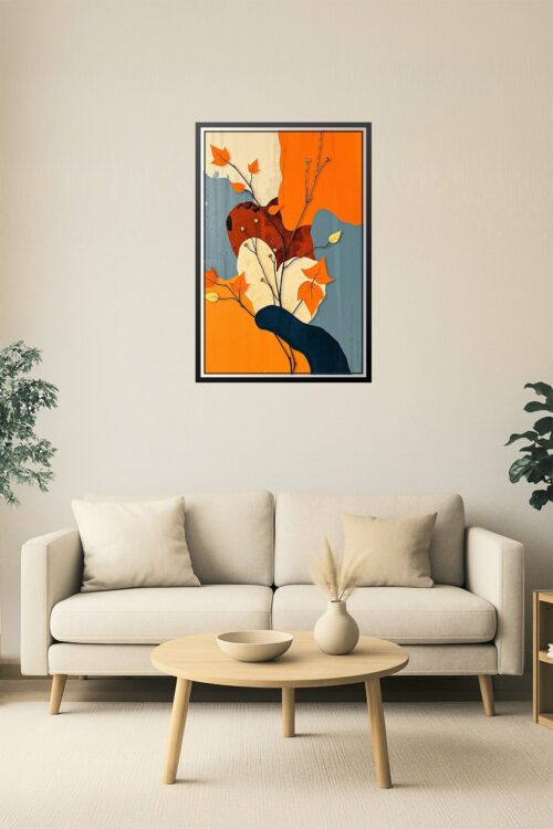 Autumn Botanical Abstract Poster – Warm Orange & Blue Leaf Art Print picture