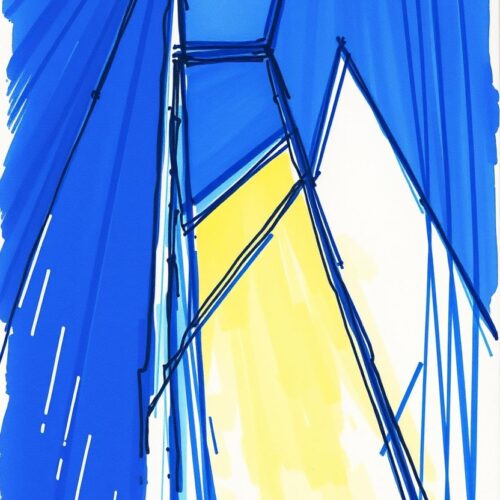 Abstract Skyline Geometry Poster – Blue & Yellow Modern Line Art Print picture