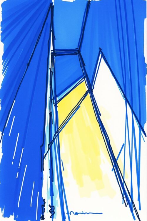Abstract Skyline Geometry Poster – Blue & Yellow Modern Line Art Print picture