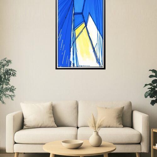 Abstract Skyline Geometry Poster – Blue & Yellow Modern Line Art Print picture