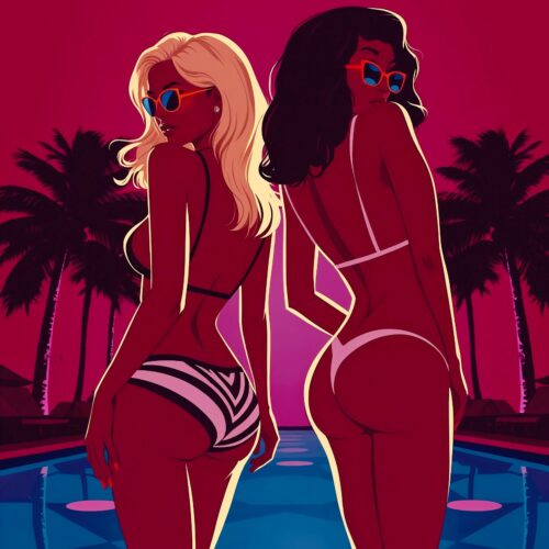 Neon Nights Poolside Poster – Retro Bikini Duo Glow Art Print picture