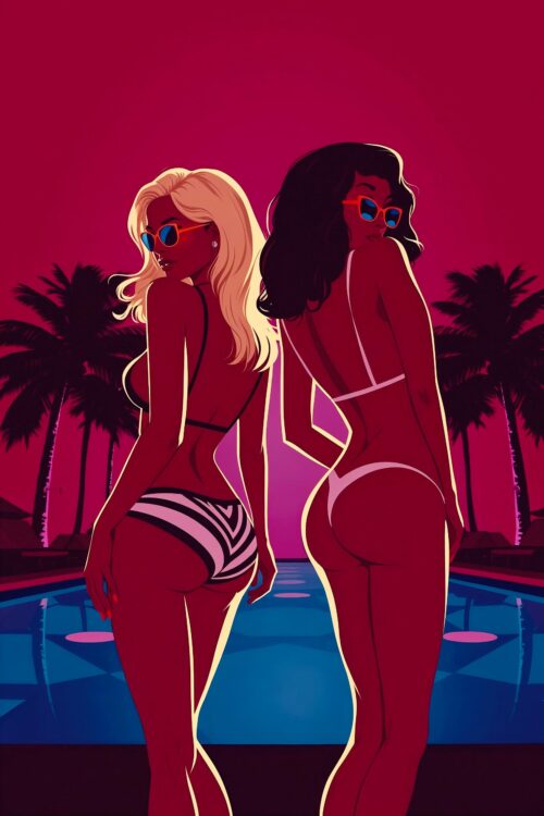 Neon Nights Poolside Poster – Retro Bikini Duo Glow Art Print picture