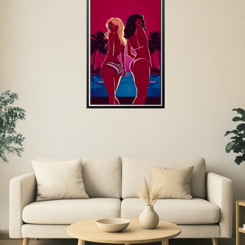 Neon Nights Poolside Poster – Retro Bikini Duo Glow Art Print picture