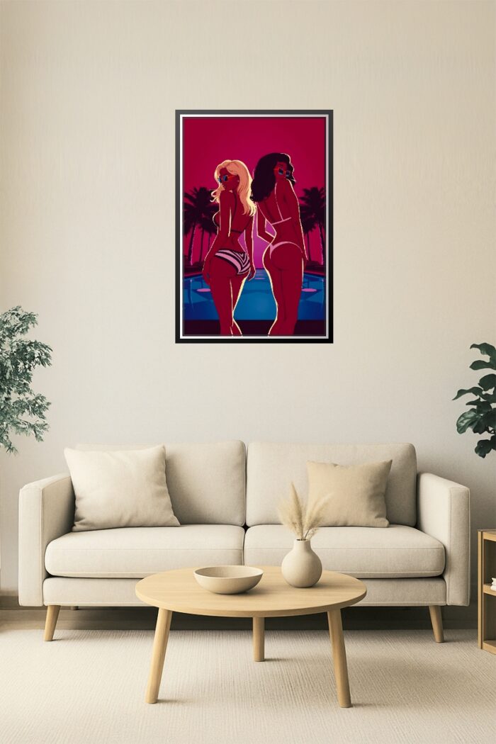 Neon Nights Poolside Poster – Retro Bikini Duo Glow Art Print picture
