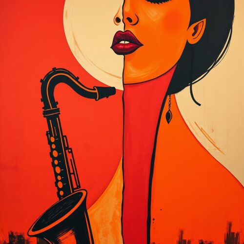 Soul in Red – Abstract Woman & Saxophone Jazz Art Poster picture
