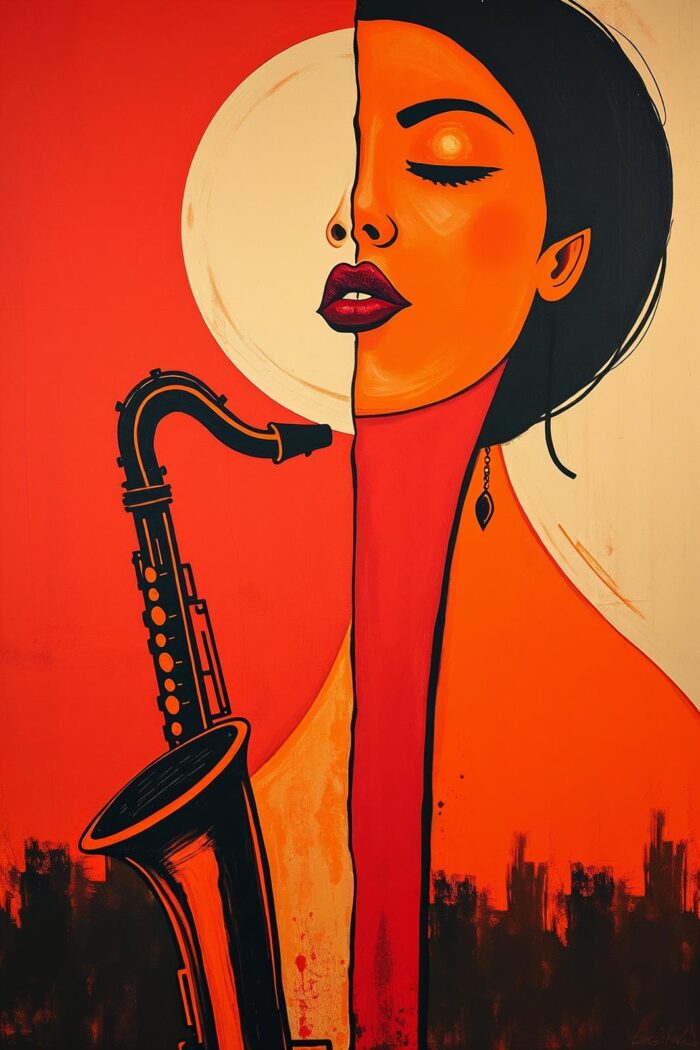 Soul in Red – Abstract Woman & Saxophone Jazz Art Poster picture