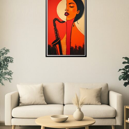 Soul in Red – Abstract Woman & Saxophone Jazz Art Poster picture