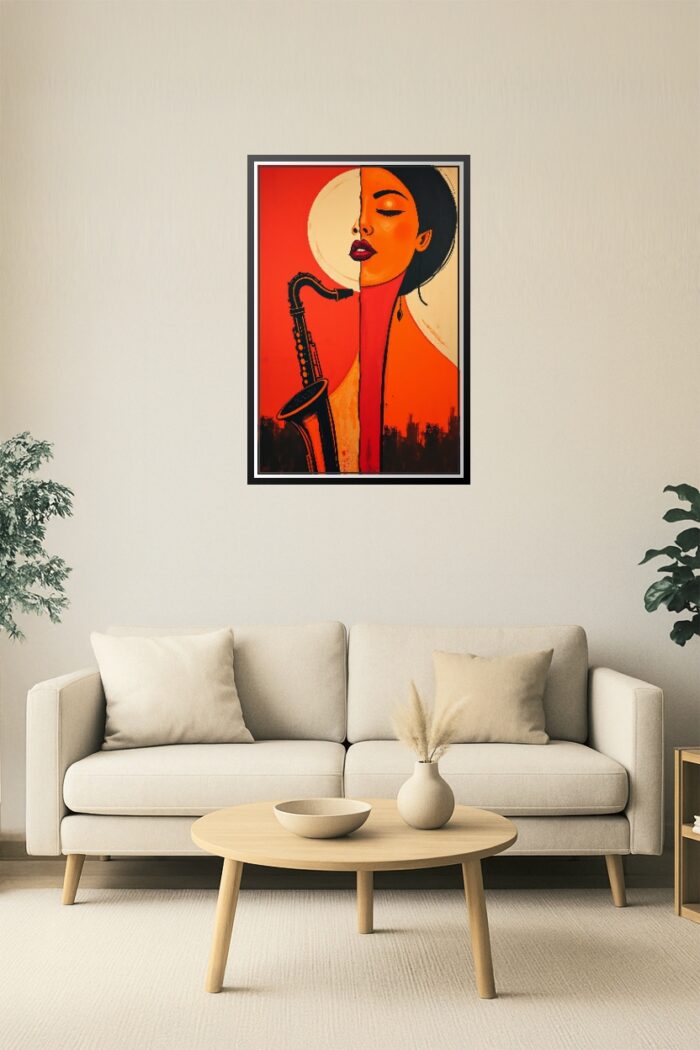 Soul in Red – Abstract Woman & Saxophone Jazz Art Poster picture