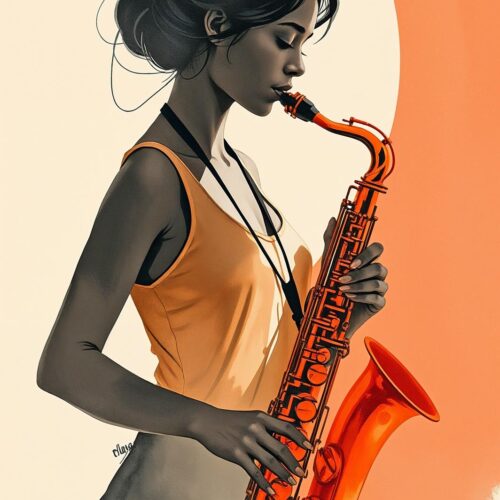 Saxophone Serenade – Elegant Woman in Orange Playing Jazz Poster picture
