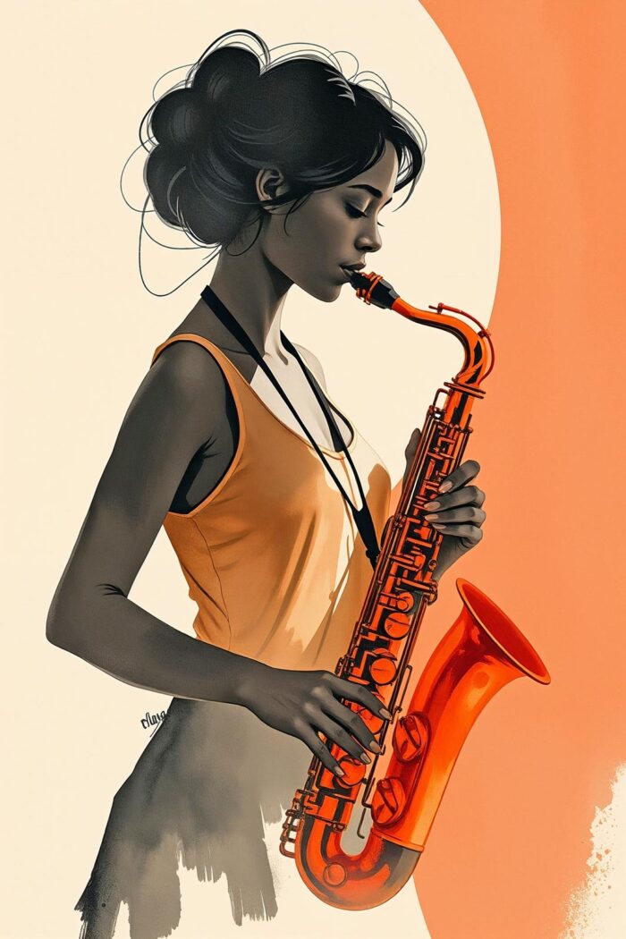Saxophone Serenade – Elegant Woman in Orange Playing Jazz Poster picture