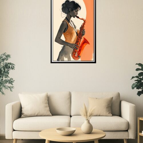 Saxophone Serenade – Elegant Woman in Orange Playing Jazz Poster picture