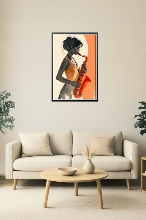 Saxophone Serenade – Elegant Woman in Orange Playing Jazz Poster picture