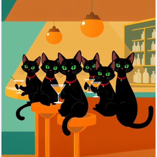 Meowtinis at Midnight – Black Cats at the Bar Art Poster picture