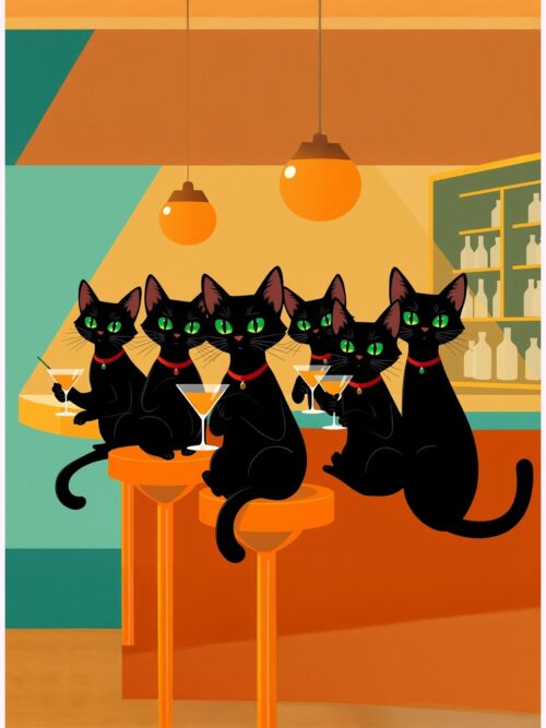 Meowtinis at Midnight – Black Cats at the Bar Art Poster picture