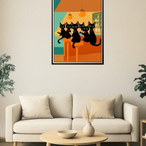 Meowtinis at Midnight – Black Cats at the Bar Art Poster picture
