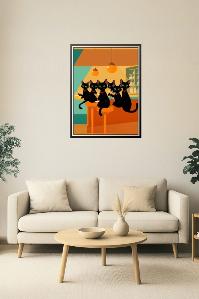 Meowtinis at Midnight – Black Cats at the Bar Art Poster picture