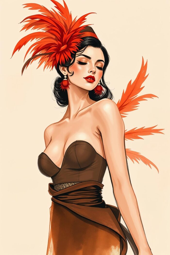 Vintage Ember – Glamorous Woman with Red Feathers Art Poster picture