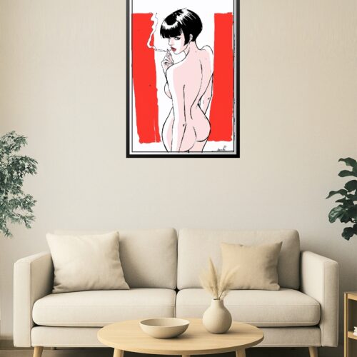 Crimson Gaze – Bold Minimalist Woman with Cigarette Poster picture