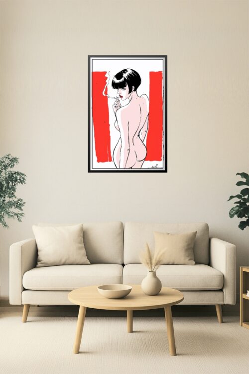 Crimson Gaze – Bold Minimalist Woman with Cigarette Poster picture