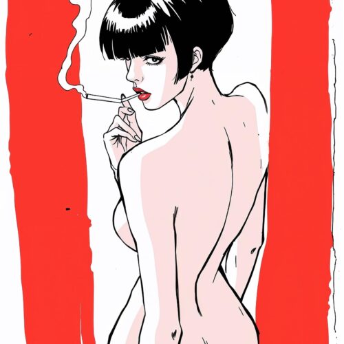 Crimson Gaze – Bold Minimalist Woman with Cigarette Poster picture