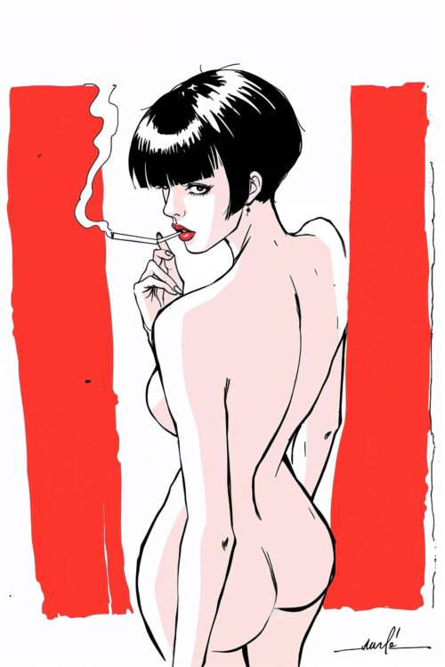 Crimson Gaze – Bold Minimalist Woman with Cigarette Poster picture